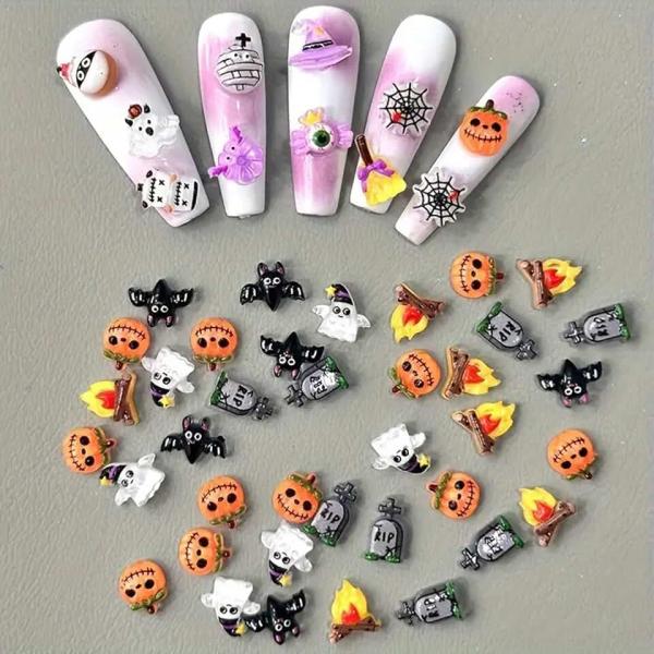 56Pcs Halloween Nail Art Charms Set 3D Resin Gothic Halloween Nail Art Charms Pumpkins Witch Hats