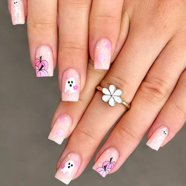 Halloween Press on Nails Medium Square Pink Fake Nails with Glue Skull Ghost Pink Pumpkin Design