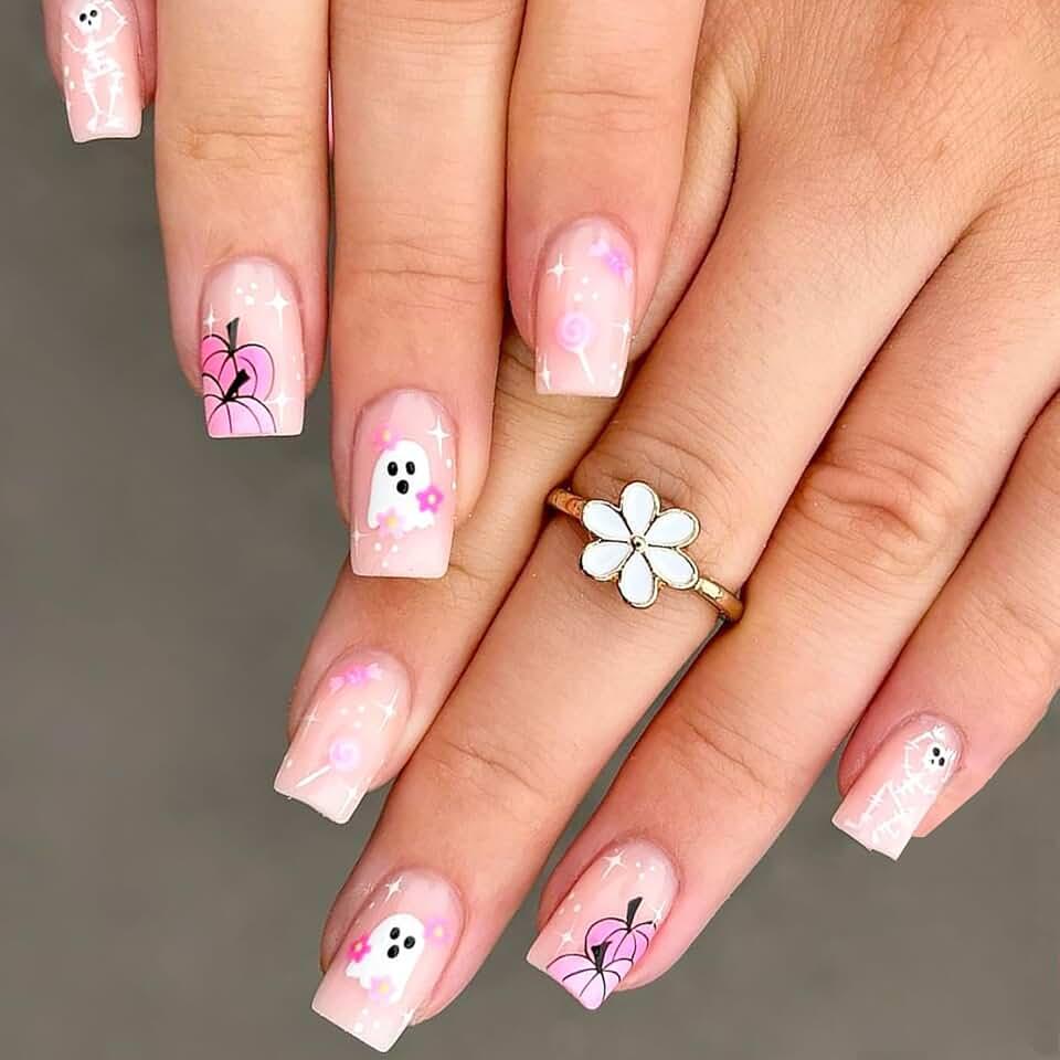 Halloween Press on Nails Medium Square Pink Fake Nails with Glue Skull Ghost Pink Pumpkin Design