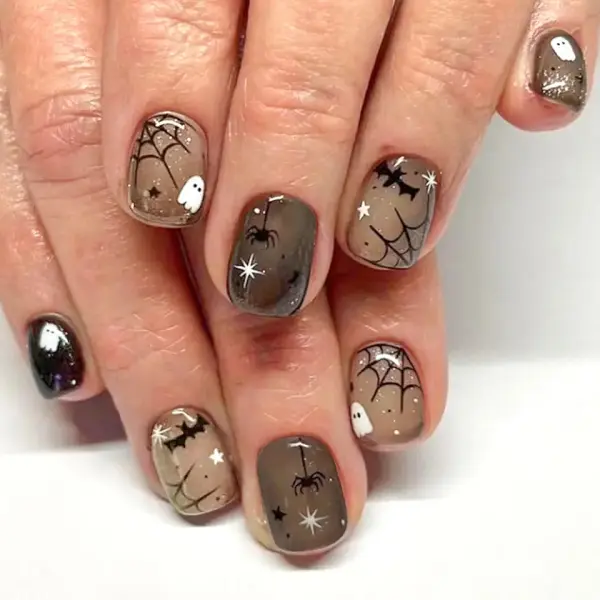 Halloween Press on Nails Short Square Fake Nails Press ons Brown Full Cover Glue on Nails Spider