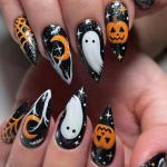 24 Pcs Halloween Press on Nails Almond Medium Fake Nails Halloween False Nails with Ghost & Pumpkin