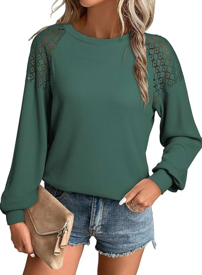 EVALESS Womens Long Sleeve Tops Dressy Casual Crewneck Waffle Knit Lace Patchwork T Shirts for Women Loose Blouses