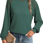 EVALESS Womens Long Sleeve Tops Dressy Casual Crewneck Waffle Knit Lace Patchwork T Shirts for Women Loose Blouses