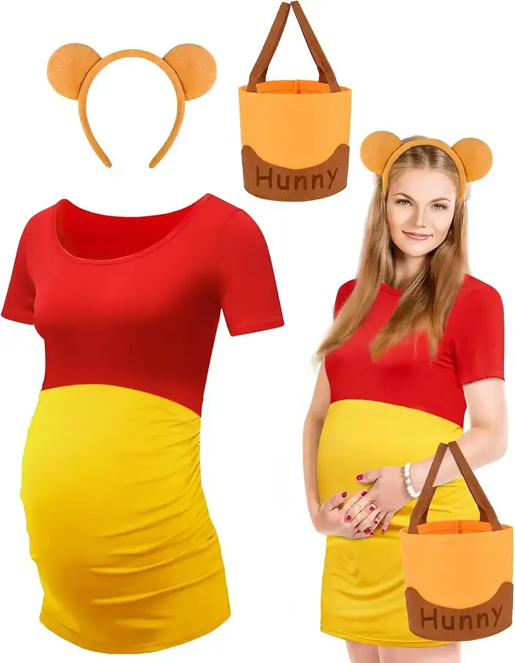 3 Pcs Halloween Costume for Pregnant Women Bear Ear Headband Dress Handbag for Halloween Maternity