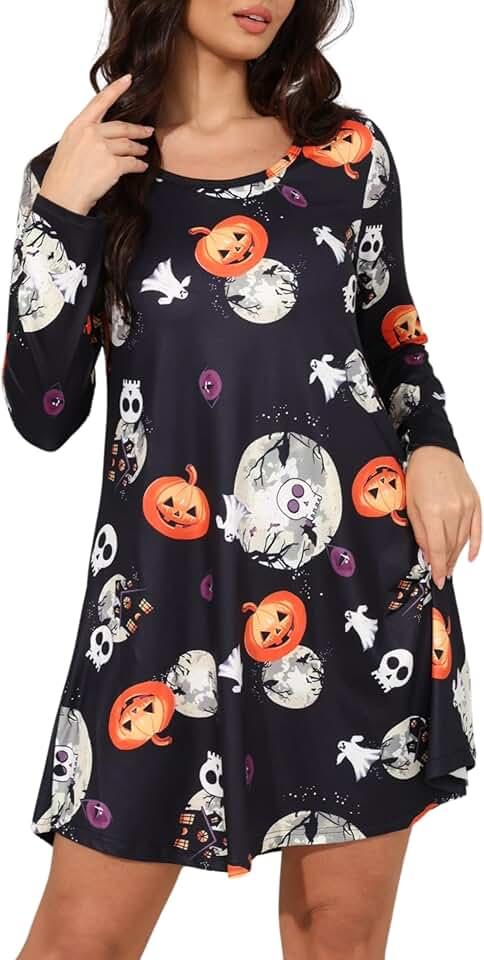 Women's Long Sleeve Halloween Print Swing Short Dress Cute Costume Tunic Dresses for Parties