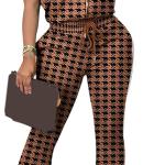 LKOUS 2 Piece Work Suits for Women's Houndstooth Print Buttons Open Front Long Sleeve Coat + Long Pants Casual Clothes