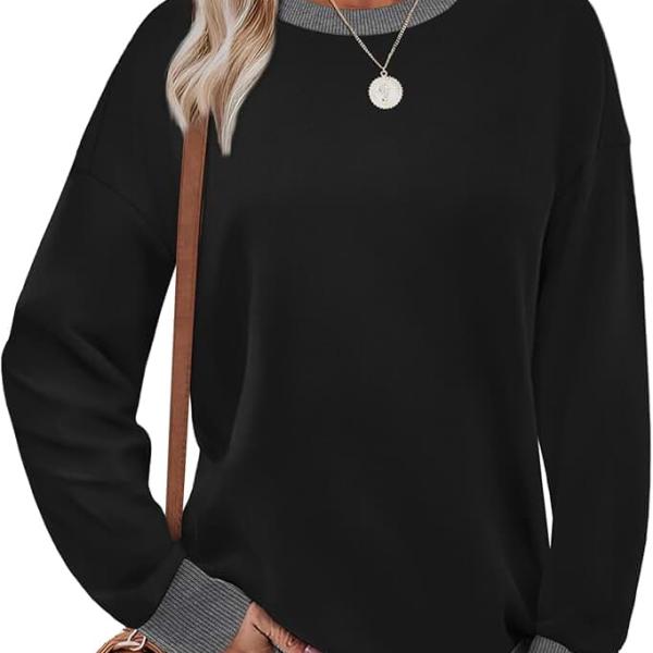 Saloogoe Sweatshirts for Women Crewneck Long Sleeve Loose Fit Tops Color Block Ribbed Trim Fashion 2024