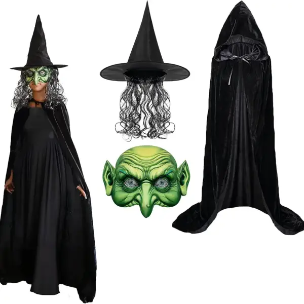 Halloween Witch Costumes for Women, 3PCS Set Halloween Party Women Capes, Scary Green Creepy Old