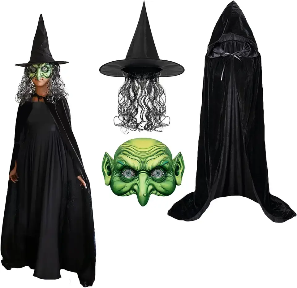 Halloween Witch Costumes for Women, 3PCS Set Halloween Party Women Capes, Scary Green Creepy Old