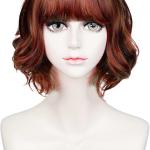 Brown Short Wigs Curly Wavy Wigs with Bang Synthetic Cosplay for Halloween Cosplay + Cap