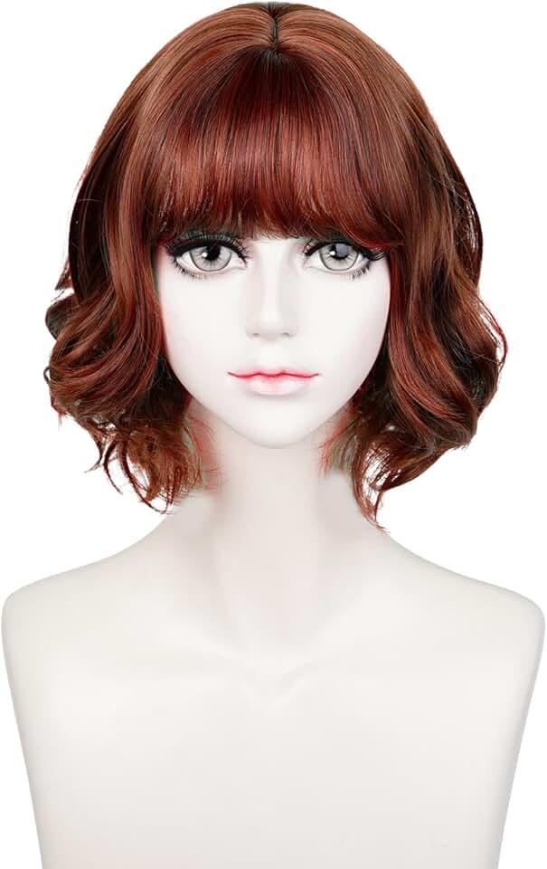 Brown Short Wigs Curly Wavy Wigs with Bang Synthetic Cosplay for Halloween Cosplay + Cap