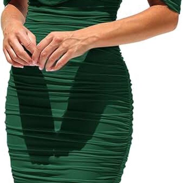 Women's Summer Off The Shoulder Ruched Bodycon Dresses Sleeveless Fitted Party Club Midi Dress