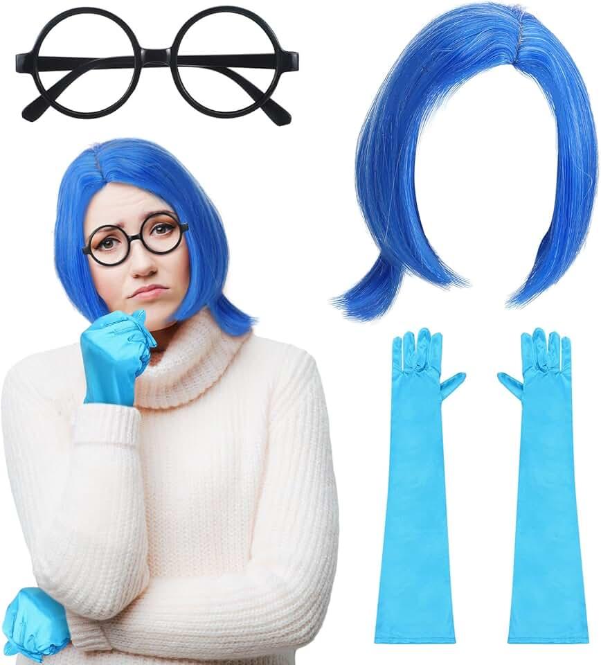 3 Pcs Halloween Sadness Costume Set Include Sadness Wig Short Blue Wig with Wig Cap Black Round