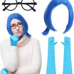 3 Pcs Halloween Sadness Costume Set Include Sadness Wig Short Blue Wig with Wig Cap Black Round