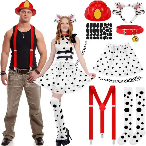 12 Pcs Halloween Dalmatian Dog and Firefighter Costume Set for Couples Women Men Dalmatian Headband