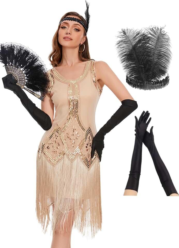 Womens Flapper Dresses 1920s Sequin Beaded Fringed Gatsby Dress Roaring 20s Costumes with