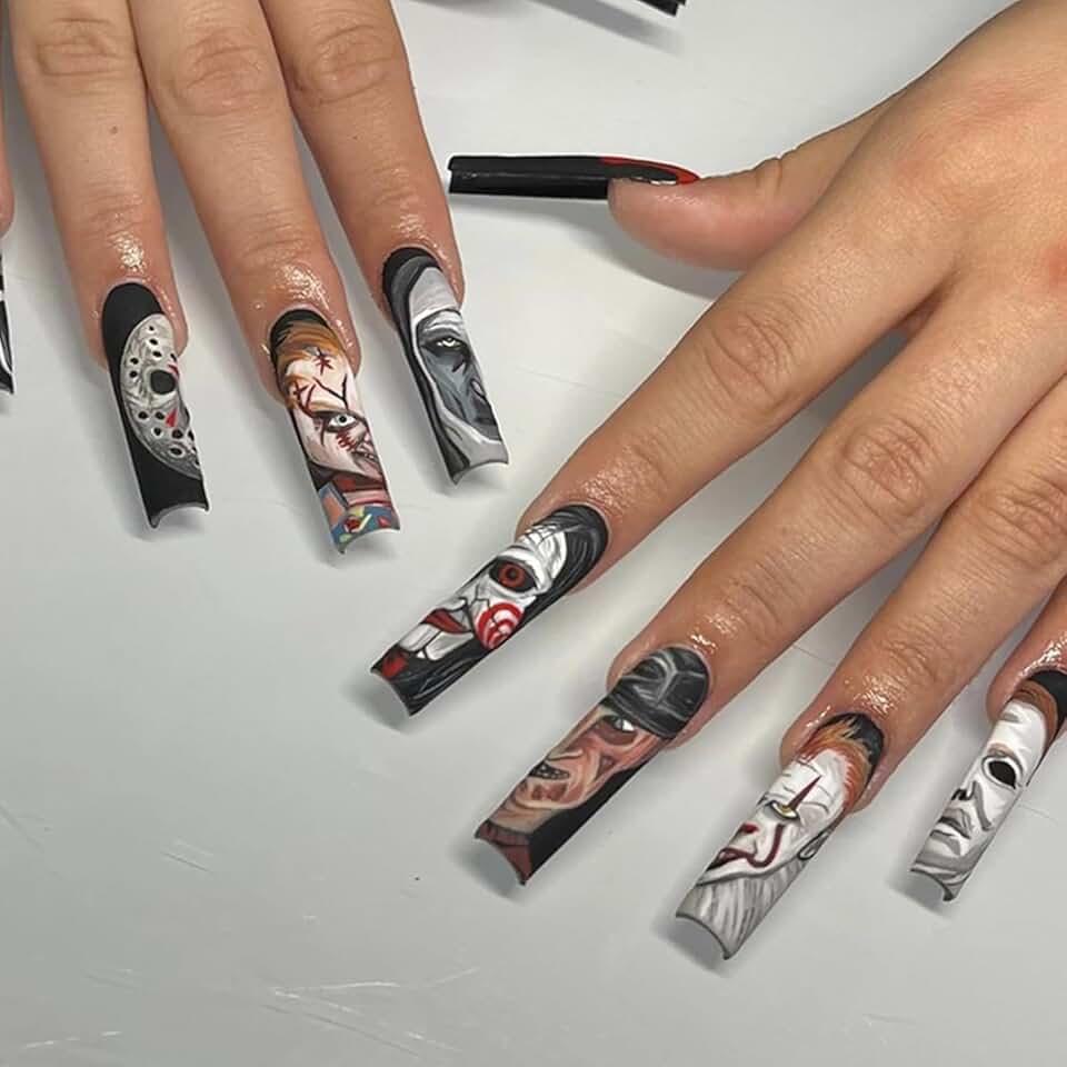 Halloween Press on Nails Long Coffin Fake Nails Ghost False Nails with Designs Halloween Glue on