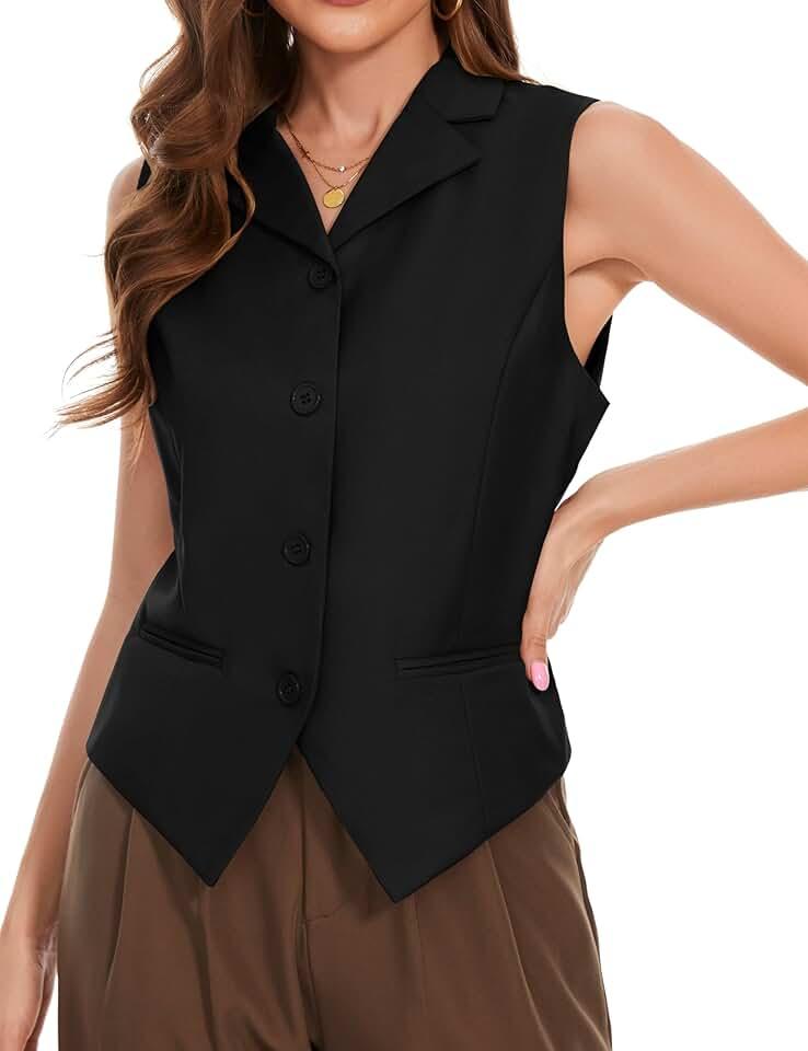 Genhoo Women's Suit Vest Dressy Casual Lined Vest Lapel Collar Button-Down Suit Jacket Waistcoat