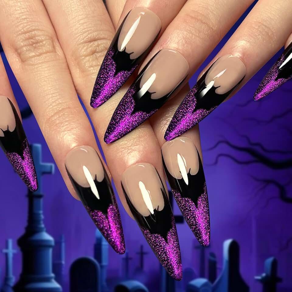 TBRZTR Halloween Press on Nails Almond Medium Nails Purple French False Nails Bat Design Halloween