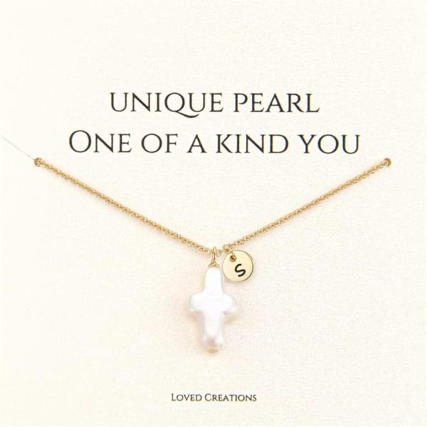 Pearl Cross Necklace for Women, Gold Initial Necklaces 14K Gold Plated, Cute Dainty Baroque Pearl