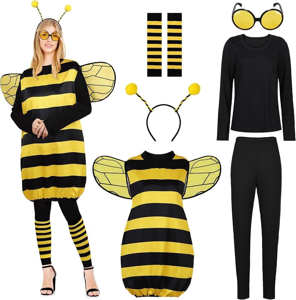 7 Pack Halloween Women Bee Costume Set Bumble Bee Wings Headband Socks Lady Bee for Halloween