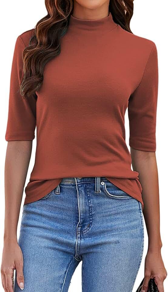 LaLaLa Womens Half Sleeve Mock Turtleneck Tunic Tops Dressy Casual Spring T Shirts Slim Fit Basic Tops