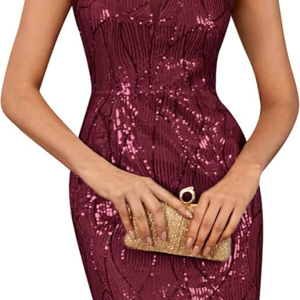 Women Sleeveless Sparkly Glitter Sequin Dress Square Neck Bodycon Above Knee Length Formal Cocktail Dress