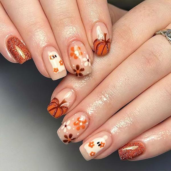 Orange Flower Pumpkin Press on Nails Short Square Fake Nails Cute Halloween Ghost Glue on Nails