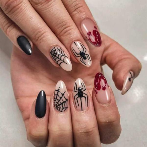 Halloween Press on Nails Medium Alomnd Fake Nails Press ons with Design Spider Web Cobwebs False