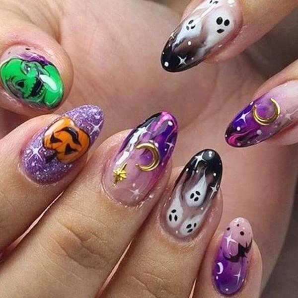 Halloween Press on Nails Medium Almond Fake Nails Cute Ghost Pumpkin Designs Purple Glue on Nails