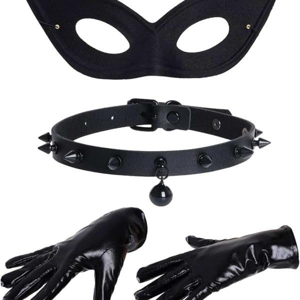 Black Cat Costume Accessories for Women Black Cat Mask Choker Necklace Leather Gloves Halloween