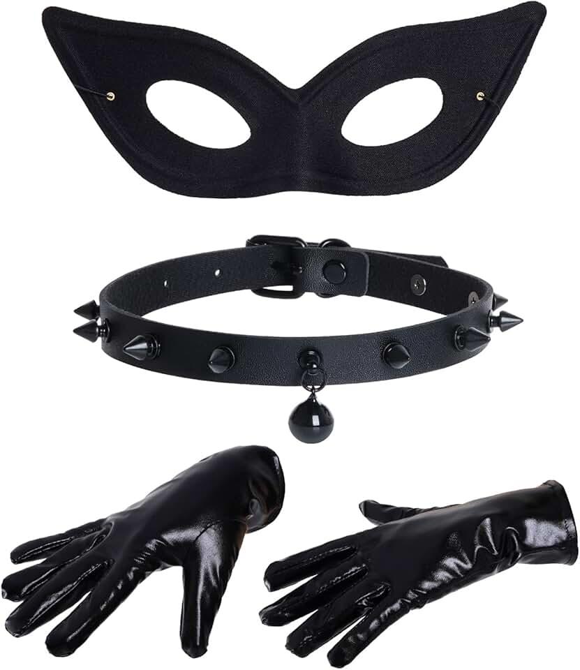 Black Cat Costume Accessories for Women Black Cat Mask Choker Necklace Leather Gloves Halloween