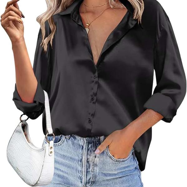 HOTOUCH Women Satin Silk Button Down Shirt Ladies Long Sleeve Tops V Neck Loose Blouse Dressy Business Casual Work Tunic Fall