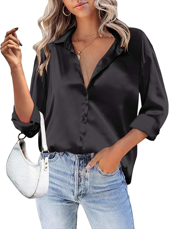 HOTOUCH Women Satin Silk Button Down Shirt Ladies Long Sleeve Tops V Neck Loose Blouse Dressy Business Casual Work Tunic Fall