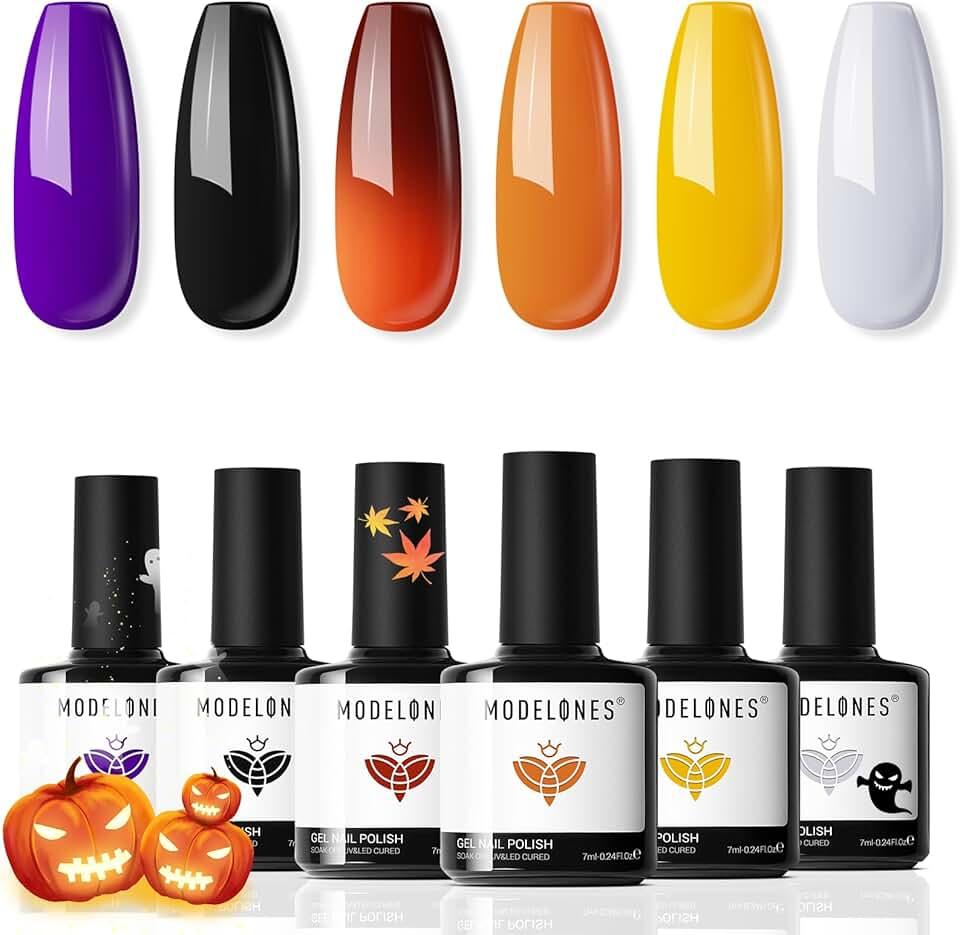 modelones 6 Colors Halloween Gel Nail Polish, Hocus Pocus Orange Yellow Gray Black Purple Fall Gel