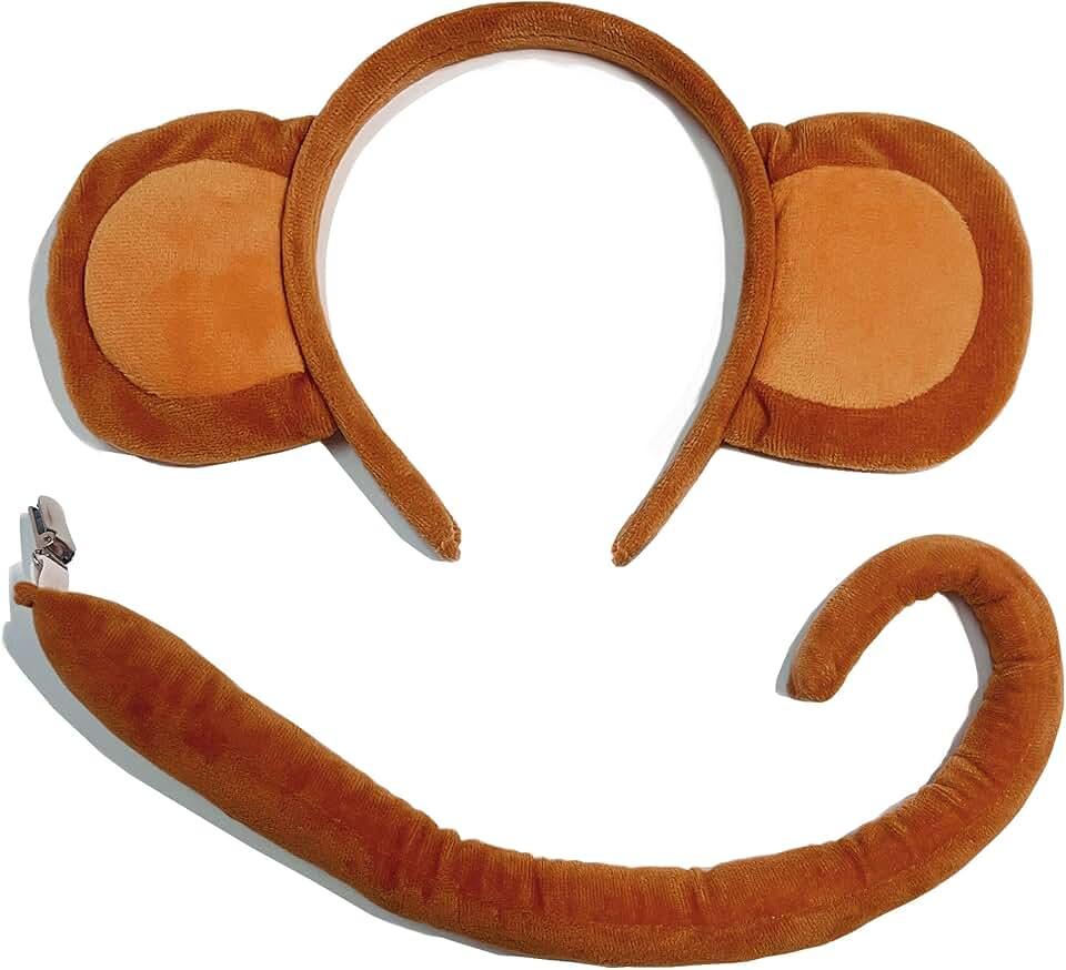 Monkey Ears and Tail Set, Monkey Costume for Adult Monkey Ears Headband, Halloween Animal Ears