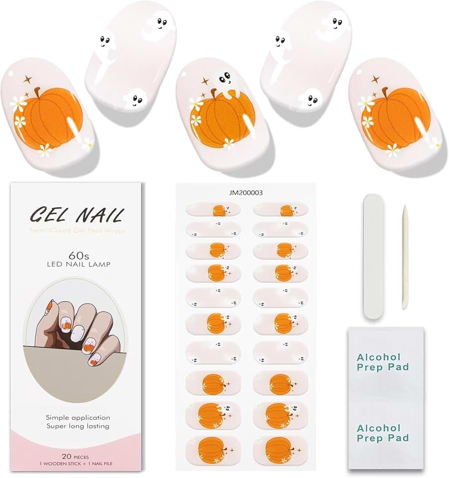 JMEOWIO Semi Cured Gel Nail Strips Halloween Cute Ghost Fall Pumpkins Gel Nail Stickers Nail