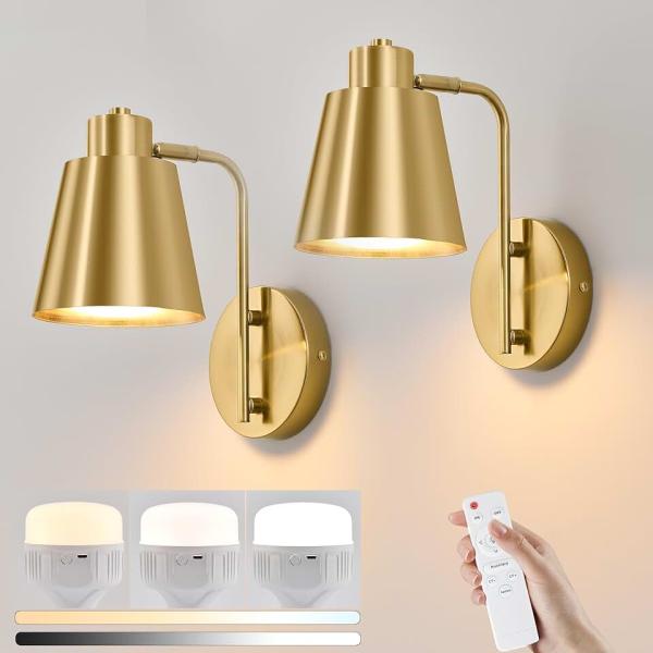 Battery Operated Wall Sconce Set of Two, Gold Sconces Wall Lighting Battery Operated with Remote