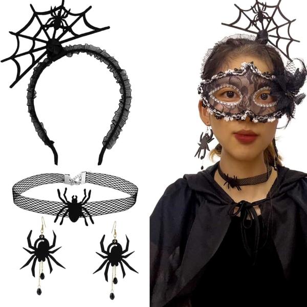 4Pcs Halloween Spider Bat Accessories, Spider Bat Ears Headband Choker Necklace Dangle Earrings for