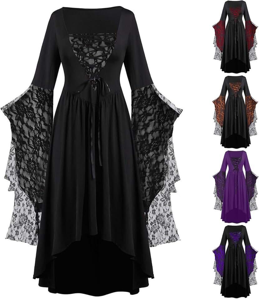 Halloween Costumes Woman 2024 Renaissance Gothic Dresses Plus Size Lace Bat Sleeve Dresses Medieval