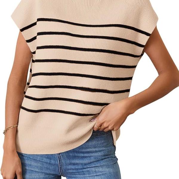 MEROKEETY Women's 2024 Sleeveless Mock Neck Striped Sweater Vest Cap Sleeve Ribbed Knit Pullover Tank Tops