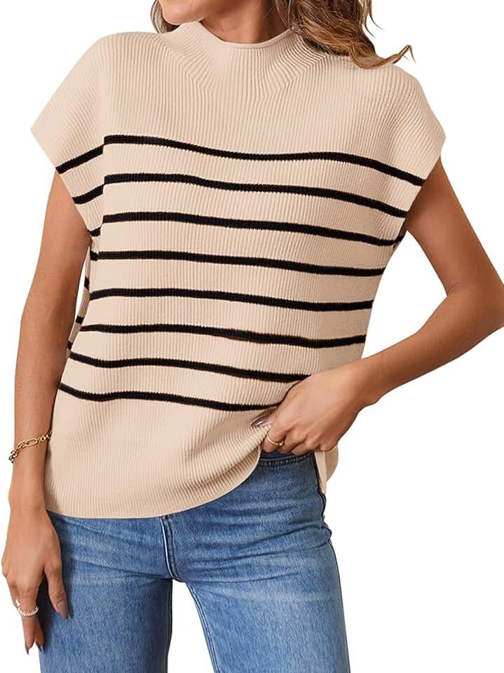 MEROKEETY Women's 2024 Sleeveless Mock Neck Striped Sweater Vest Cap Sleeve Ribbed Knit Pullover Tank Tops