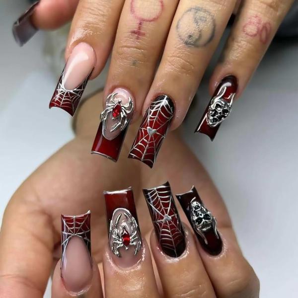 Halloween Press on Nails Long Square Fake Nails With 3D Alloy Spider Ghost Charms Designs Spider