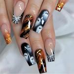 Halloween Press on Nails Medium Length Black French Tip Fake Nails with Spiderweb Designs Glossy