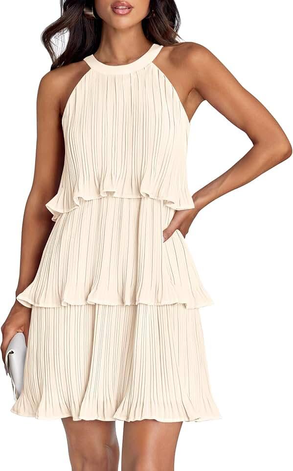 Women's 2024 Summer Halter Dresses Sleeveless Ruffle Tiered Layered Chiffon Pleated A Line Swing Mini Dress