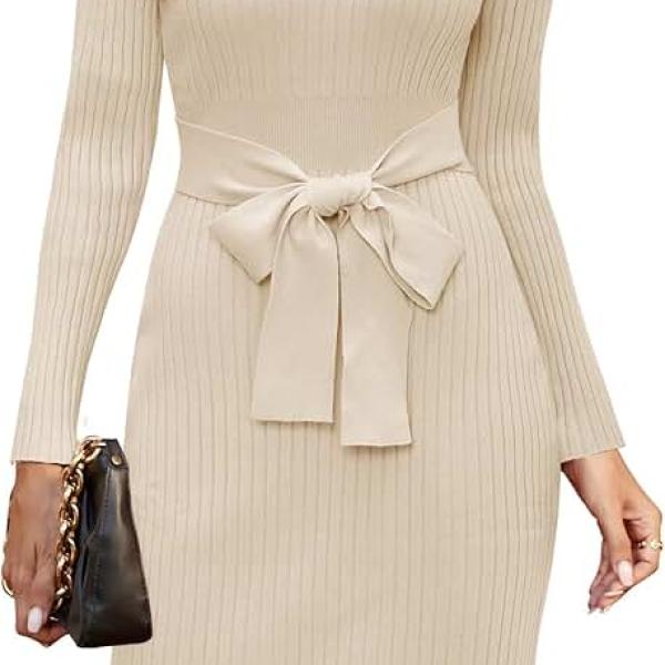 Newshows Womens 2024 Fall Sweater Dress Long Sleeve V Neck Business Casual Outfits Winter Fashion A-Line Belted Dresses