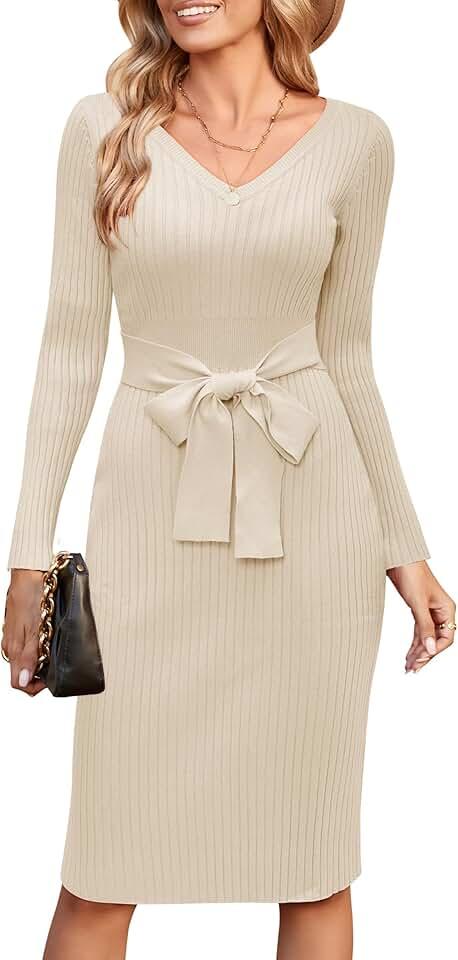 Newshows Womens 2024 Fall Sweater Dress Long Sleeve V Neck Business Casual Outfits Winter Fashion A-Line Belted Dresses