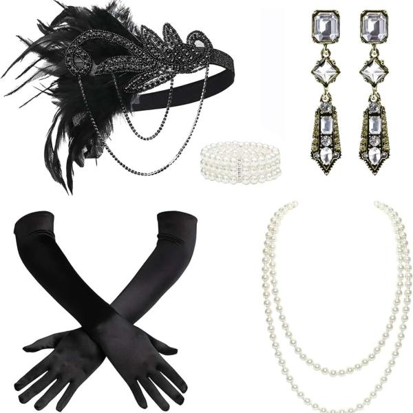 1920s Accessories for Women - Flapper Feather Headband Headpiece Costume Set for Women Pearl