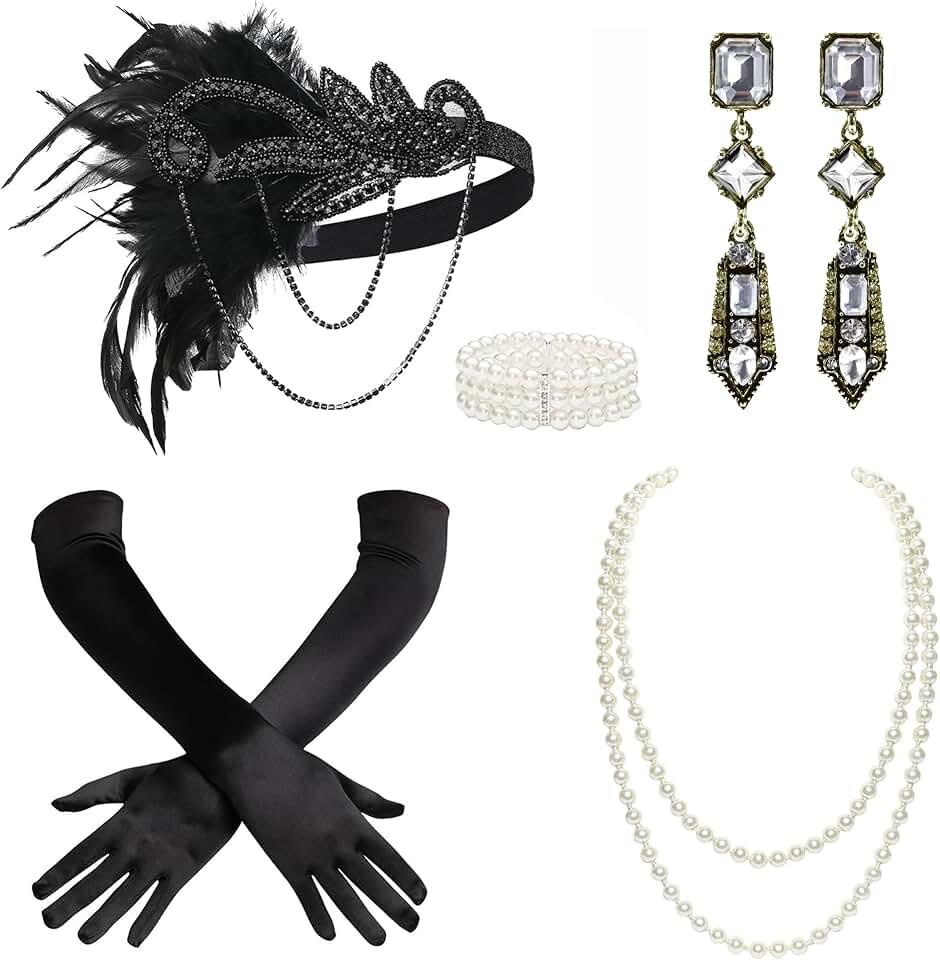 1920s Accessories for Women - Flapper Feather Headband Headpiece Costume Set for Women Pearl