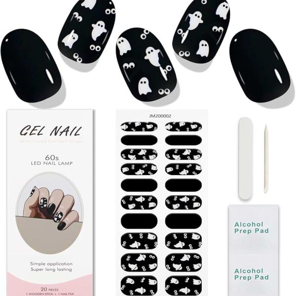 JMEOWIO Gel Nail Stickers Halloween Cute Ghost Semi Cured Gel Nail Strips Wraps UV/LED Nail